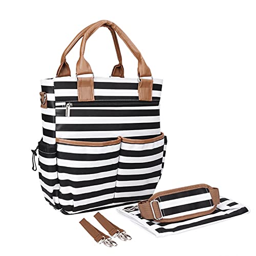 Ausemo Mochila para Pañales de Bebé Gran Capacidad Bolso Bandolera Organizador de Viaje Bolso de Maternidad Bolsa de Pañales con Estilo con Cambiador Rayas Blancas Negras