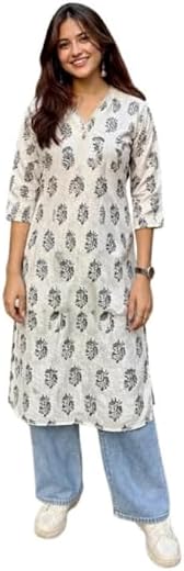Ethnic Lady Viscose Rayon Long Kurti for Women | A-Line Kurta | V Neck Tunic for Women | 3/4 Sleeve Straight Kurta | White
