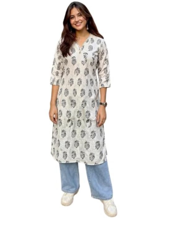 Ethnic Lady Viscose Rayon Long Kurti for Women | A-Line Kurta | V Neck Tunic for Women | 3/4 Sleeve Straight Kurta | White - Review, Price and Buying Guide