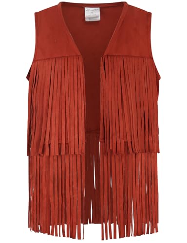 Image of Noomelfish Girls Faux Suede Fringe Vest Sleeveless Boho Tassels Jacket Cardigan (5-12 Years)