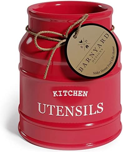 Barnyard Designs Ceramic Utensil Crock Holder for Kitchen Counter, Rustic Farmhouse Countertop Decor, French Country Organizer for Cooking Utensils, Red, 15 x 17cm
