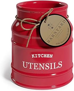 Barnyard Designs Ceramic Utensil Crock Holder for Kitchen Counter, Rustic Farmhouse Countertop Decor, French Country Organizer for Cooking Utensils, Red, 15 x 17cm