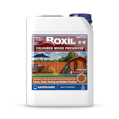 Roxil Wood Stain Preserver 5 Litre (Autumn Gold) Fast-Drying Satin Finish for Decking Fence Shed Furniture. 5 Year Protection for Indoor & Outdoor
