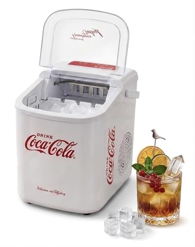 Salco Coca-Cola Retro Eiswürfelmaschine Schneller Eiswürfelbereiter für Party Camping & Home 9 Würfel in 7-11 Min Mobiler Eismacher mit Tragebügel 12kg/24h Inkl. Schaufel & Korb Rot