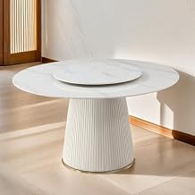 Montary 59 D Modern Round Dining Table with Lazy Susan, White Marble Kitchen Table with Sintered Stone Tabletop and Cylindrical-Shape Design Base Dining Room Table for 6-8