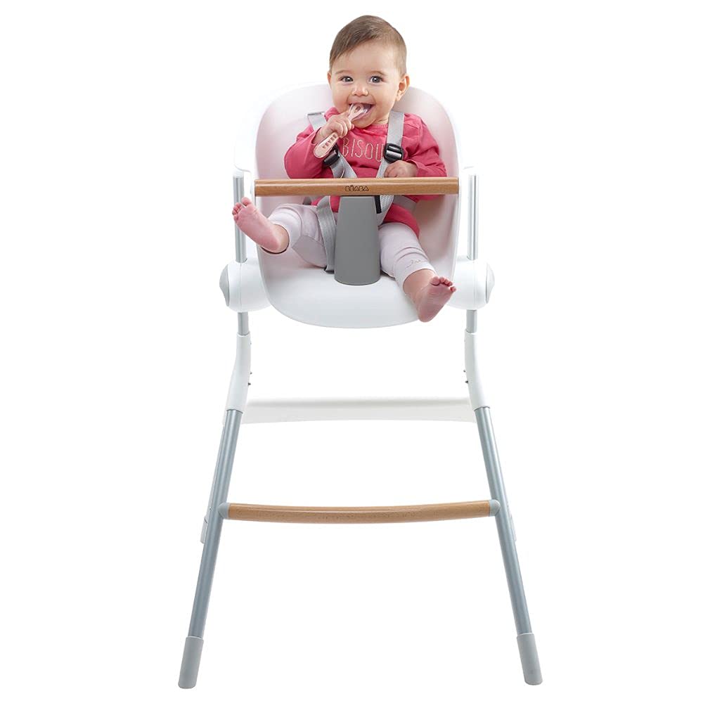 BÉABA - Trona Bebé Evolutiva - Ergonómica - Bandeja Extraíble y Reposapies - Altura Regulable 6 alturas - Gris/Blanco