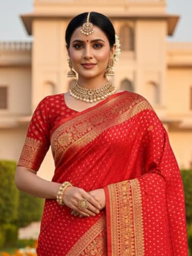 Image of Kanjivaram Silk Saree for Women - Handloom Floral Weaving, Contrast Border, Heavy Gold Zari Rich Pallu, Traditional Designer Wedding & Festive Saree with Blouse Piece