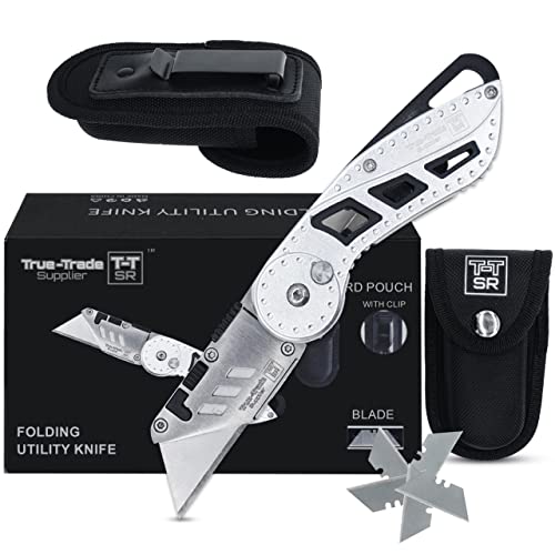 Heavy Duty Utility Knife Folding | Box Cutters with Holster Nylon Pouch, Belt Clip, 5x Custom Box Knife SK5 Replacement Blades | Folding Box Knife Cutter | Stainless Steel Utility Knife Folding Head