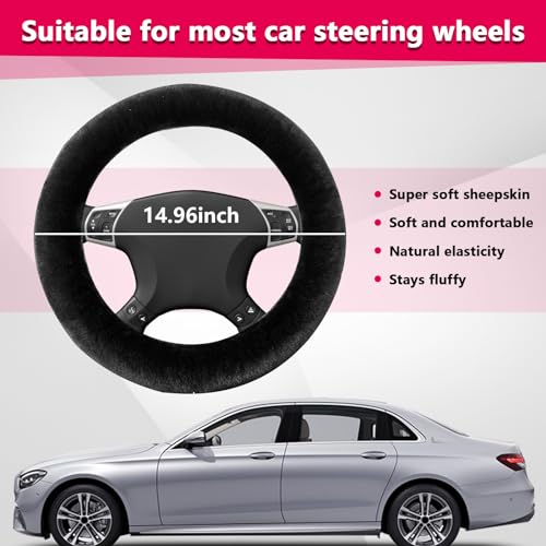 Suvnie Fur Wool Sheepskin Car Steering Wheel Cover, 15 Inch Fluffy Anti-Slip Auto Steering Wheel Protector for Warm Winter, Universal Fuzzy Plush Vehicle Steering Wheel Accessories (Black)