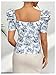 WDIRARA Women's Floral Print Puff Sleeve Fitted T Shirts Wrap Front Sweetheart Neck Vintage Tee Tops Blue and White Small
