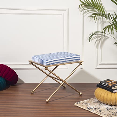Image of LUSHLIN Blue & Golden Cross Base Multipurpose Cushioned Metallic Stool Ottoman for Sitting, Foot Rest,Vanity seat,Dressing Table(45x35x40) CM, Pack of 1