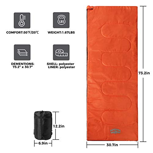 Pacific Pass Saco de dormir sintético 50F com saco de compressão - Tamanho adulto - Laranja