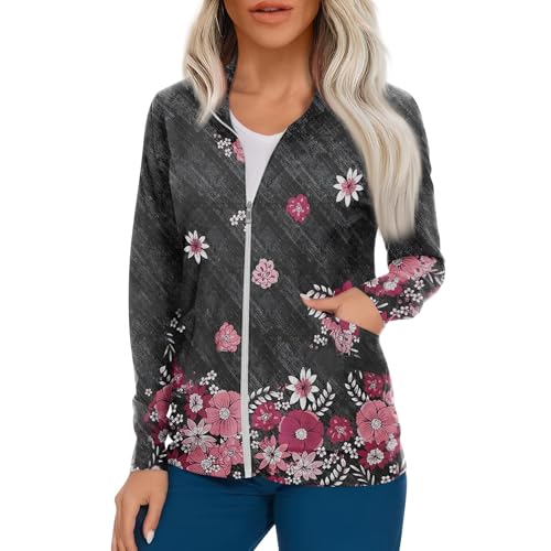 Scrub Jackets for Woman Zip Up Long Sleeve Tops Print Plus Size Womens Scrubs for Women Nursing Shirts with Pockets
