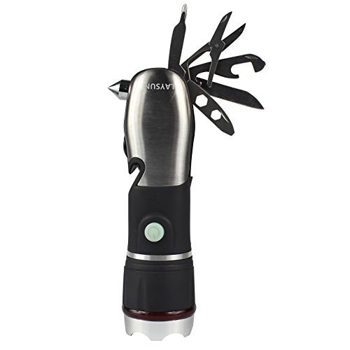 LaySun Car Emergency Tool Flashlight Escape Tool Light Multi-tool LED Flashlight torch with 12 Tools Including Flashlights Glass Breaker Seatbelt Cutter Knief Bottle Opener Scissors Screwdriver