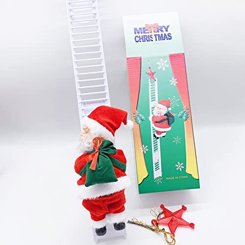 Christmas Electric Santa Climbing Ladder, Climbing Up And Down Santa Claus On Ladder With Music And Bag， Climbing Presents Tree Holiday Party Home Door Wall Decoration Xmas Ornament(White Ladder) #TOP3