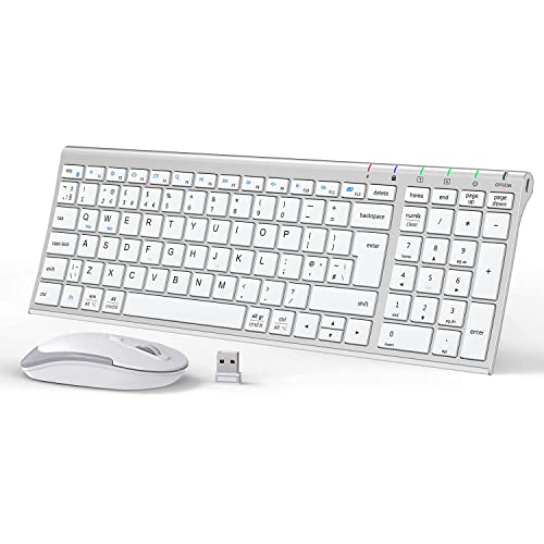 iClever GK03 Wireless Keyboard and Mouse Combo - 2.4G Portable Wireless Keyboard Mouse, Rechargeable Battery Ergonomic Design Full Size Slim Thin Stable Connection Adjustable DPI, Silver and White