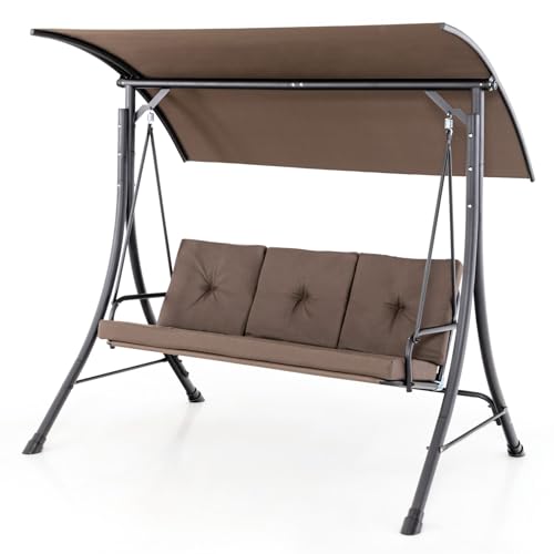 Image of Tangkula 3 Person Porch Swing, Outdoor Swing with Removable Cushions, Solid Steel Structure, Patio Swing with Adjustable Canopy for Garden, Backyard, Balcony, Poolside