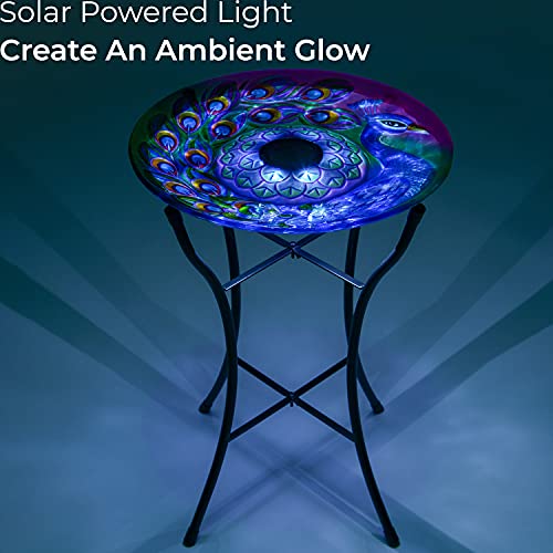 Christow Glass Bird Bath Solar Light Metal Stand Painted Peacock Garden Decoration - Image 5
