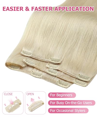 Image of YoungSee Clip in Human Hair Extensions Blonde, 18 Inch Human Hair Clip in Extensions, 120g 7pcs Platinum Blonde Straight Hair, Invisible Clip on Hair Extension for Women