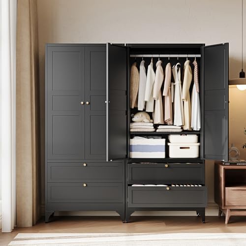 Image of Letaya 71 inch Metal Wardrobe Cabinets with 2 Drawers,Steel Armoire Wardrobe Closet with Doors and Shelves,Clothing Storage Cabinets with Hanging Rod for Bedroom, Gym, Cloak Room,Black