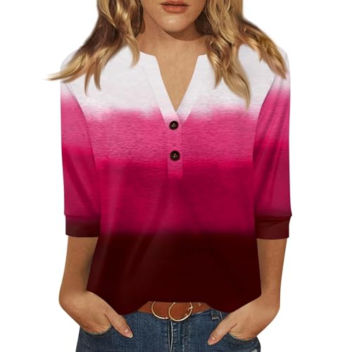 Womens Summer Tops 3/4 Length Sleeve V Neck Button Down Shirts Business Casual Outfit Basic Loose Fit Tees