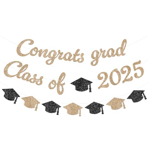 Graduation Banner Class of 2025, Pre-Strung Congrats Grad Class of 2025 Banner for Grad Party Supplies, Gold Glitter Congratulations Graduate Decorations