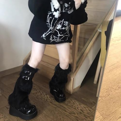 QZUnique Faux Fur Leg Warmer with PU Belt Warm Furry Winter Boot Cuff Covers Women Fuzzy Leg Sleeves Party Accessory Set4