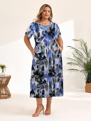 Image of LARACE Plus Size Dresses for Women Summer Casual Short Sleeve Long Dress Flowy Maxi Beach Dresses with Pockets L-6XL