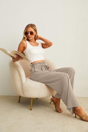 HiMONE Women's Petite Wide Leg Pants with Pockets High Waist Adjustable Knot Loose Casual Trousers Business Work Casual Pant Ivory White — view 5