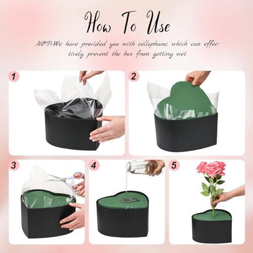 Nuenen Heart Shaped Flower Gift Boxes, Valentine's Day Floral Gift Box with Lids Floral Foam Clear Cellophane 9.8 x 9 x 5 Inches for Birthday Wedding Proposal Packaging Arrangements(Black) - Image 5