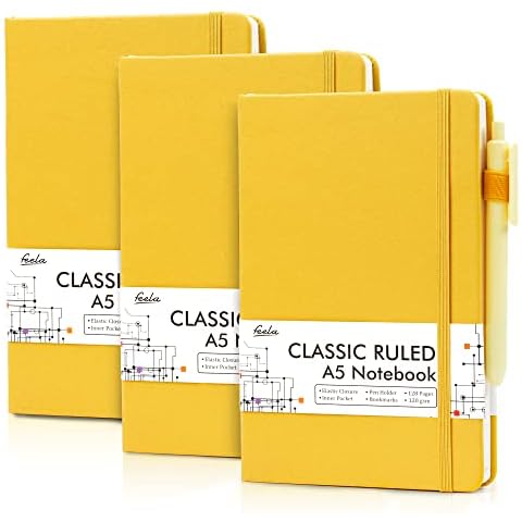 A5 Notebooks Hardback, Feela Notepads A5 Ruled Lined (120 GSM), Journal Notebook Multipack with 3 Black Gel Pens for Business Work, Journaling, Note Taking, 3 Pack Per 128 Pages, 21 x 13 cm, Yellow Cover