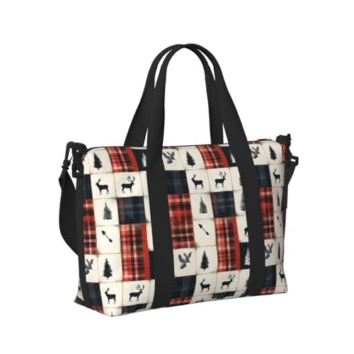 Laptop Tote Bag for Women Work - Christmas Elk Plaid Print Overnight Weekender Bags for Women Travel, Gym Duffle Bag for Men, Personal Item Crossbody Travel Bags for Men Carry On