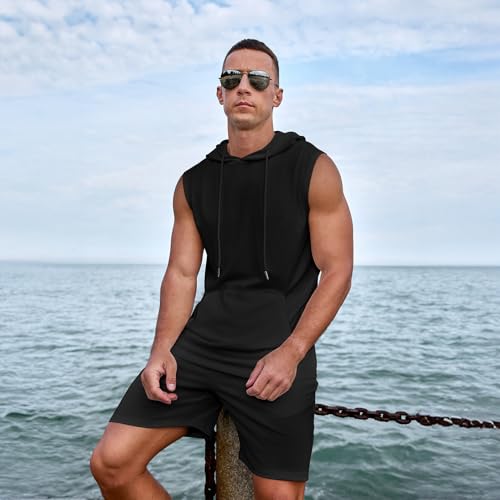 Uni Clau Men's Short Sleeve Summer Tracksuit Hooded Tanks Tops Sweatsuit 2 Piece Casual Sports Shorts Set4
