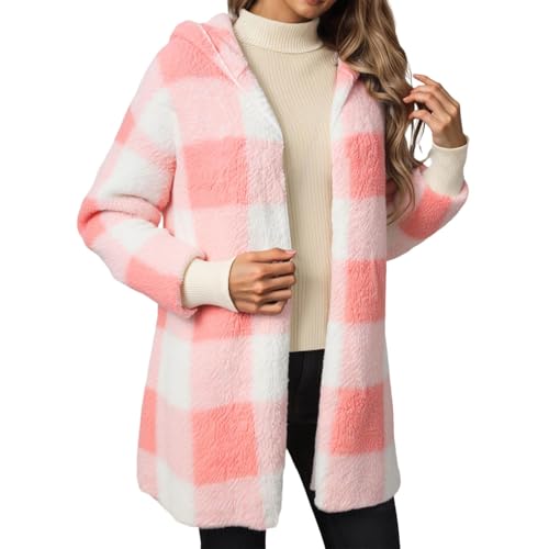 Foweknow Chaqueta de punto larga para mujer, chaqueta gruesa a cuadros, cárdigan de punto grueso, cárdigan de punto grueso, chaqueta de punto grueso para otoño e invierno, chaqueta con bolsillo, Rosa