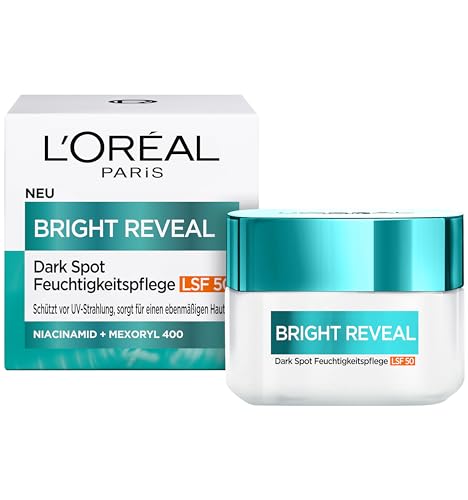 L'Oréal Paris Feuchtigkeitspflege mit LSF 50 - Reduziert Pigmentflecken, beugt Hautalterung vor, spendet Feuchtigkeit, Bright Reveal Dark Spot Pflege, 50 m