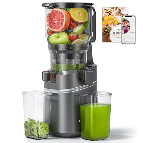 AMZCHEF Extractor de jugo automático con manos libres, apertura de 150 mm y capacidad de 2 l, extractor de zumo de frutas y verduras enteras, extractor de jugo lento de 250 W con triple filtro, gris