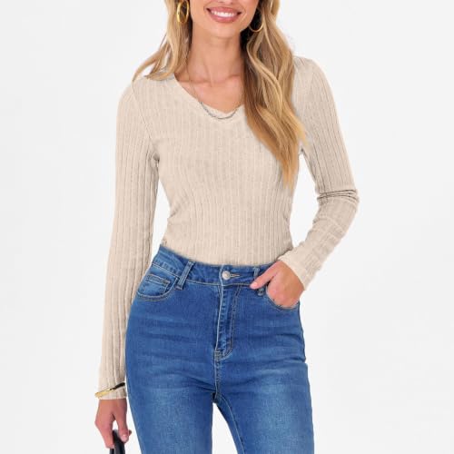 NEKSVTH Long Sleeve Shirts For Women Beige L - Lightweight V Neck Long Sleeve Shirts Cute Fall Winter Cozy Knit Pullover Casual Dressy Tunic Tops - image 3