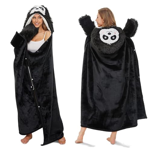 Batamanta Mujer, Batas de Casa Mujer Invierno, Pijama Manta con Mangas y Capucha, Sudadera Oversize Mujer Hombre, Bata de Estar por Casa, Súper Suave, Cálido y Acogedor, Hoodie Blanket(Negro)