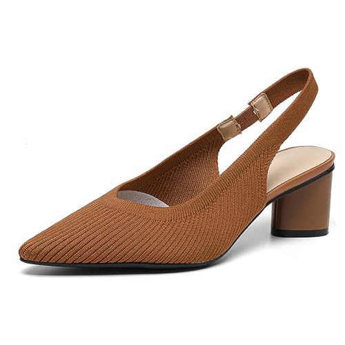 Women's Knitted Pointed Toe Slingback Heels Pumps,Comfortable Elastic Band Chunky Heel Sandals Low Heel Slip On Casual Work Office Dress Shoes