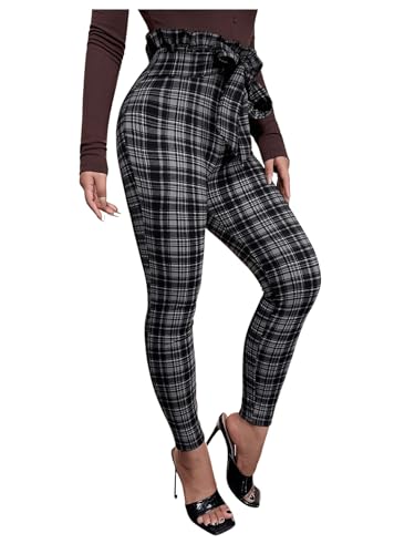WDIRARA Women's Plaid Paperbag Waist Tie Front Stretch Belted Skinny Pants4