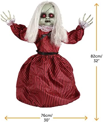 Animatronic Large Doll in Red and Black Dress Halloween Decoration - Red Light up Eyes & Sound Effects - Motorised Wheels - Halloween Props