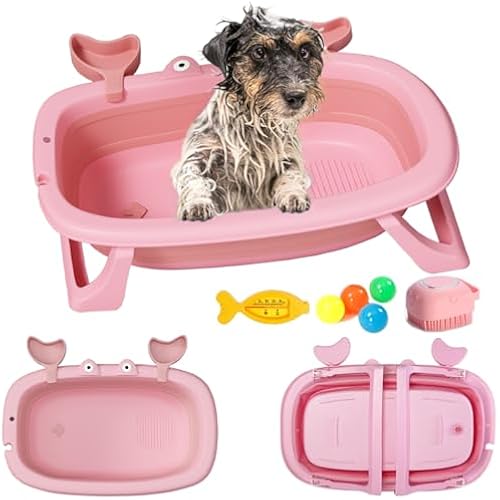 Dog Bath Tub with Dog Toys Pet Bathtub, Portable Puppy Bathtub for Easy Baths and Easy Storage, Dog Bath Tubs for Small Medium Pets-Foldable Pet Shower Tub with Drainage Hole, 26.5 x 17.2 x 7.8In,Pink