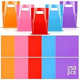 Gueevin 250 Pack Plastic Bag with Die Cut Handle 9' x 12' 1.5mil Thick Multicolor Merchandise Shopping Bags with Handles for Retail, Packaging, Gifts-Red, Blue, Pink, Orange, Purple