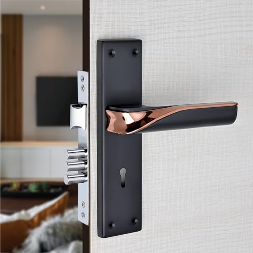 Image of Milton ZINC Mortise Lock Set with Wave Design, Black and Rose Gold Finish, 8 Inch