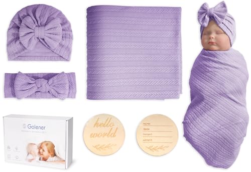 Image of Golener Muslin Swaddle Blankets,Sleepea Swaddle with Bow Headbands, Hats Set and Newborn Name Announcement Card, Stretchy Baby Blankets for Girls and Boys Unisex, Perfect for Newborn Photos (Purple)