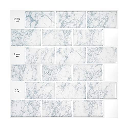 TUOKING 10-Sheet 3D Removable 12"x12" Peel and Stick Backsplash Tiles for Kitchen and Bathroom, White Marble with Blue Veining