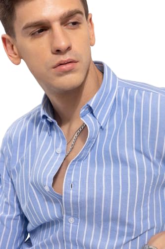 Zombom Men's Light Blue & White Vertical Striped Shirt for Men | Full Sleeve Slim Fit Cotton Blend Shirt | Stylish Formal