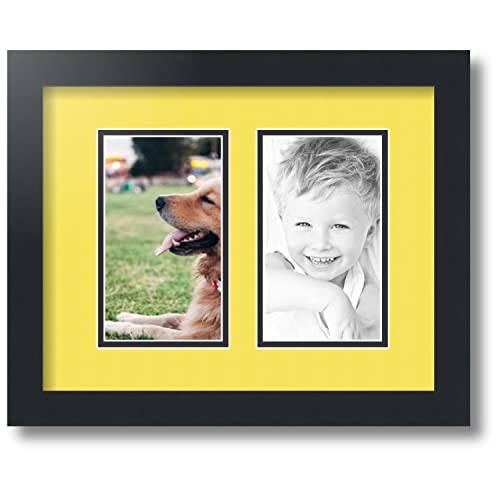 ArtToFrames Collage Photo Frame Double Mat with 2-4x7 inch Openings with Black Frame and Canary Top Mat