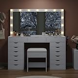 FUSOU 15 Drawers Dressing Table with Mirror and 13 LED Lights, Makeup Vanity with Power Outlet, 3 Color Modes, Adjustable Brightness, Glass Top Vanity for Dressing Room Bedroom, White - Image 9