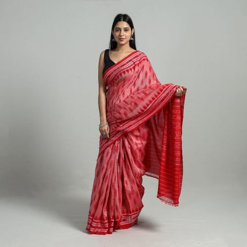 Image of ODISHAHANDLOOM Sambalpuri Pure Cotton Handloom Saree, Traditional Ikat Pattern, Red and Green, Without Blouse